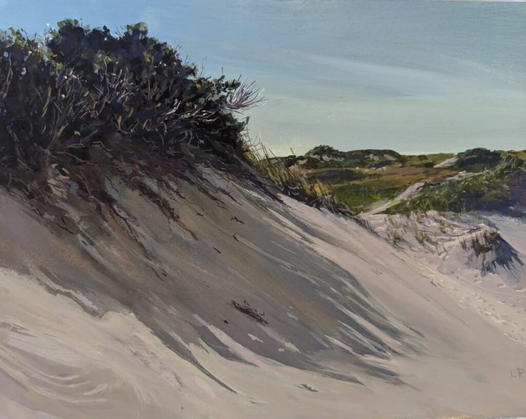 Painting of a sloping sandy dune with vegetation on the top.