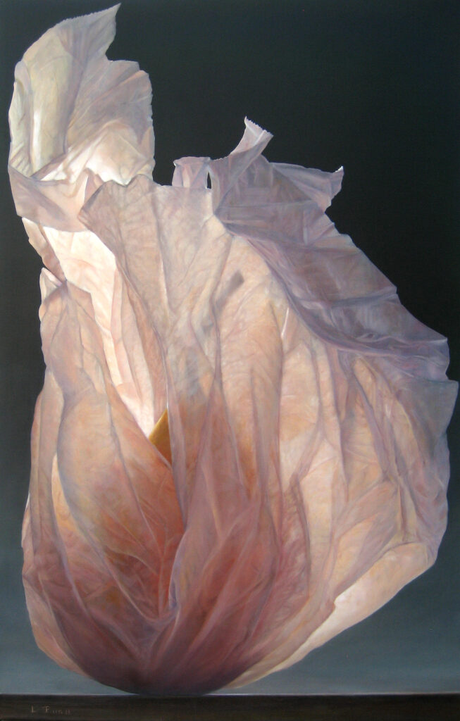 Painting of a pear in tissue by Lorena Pugh