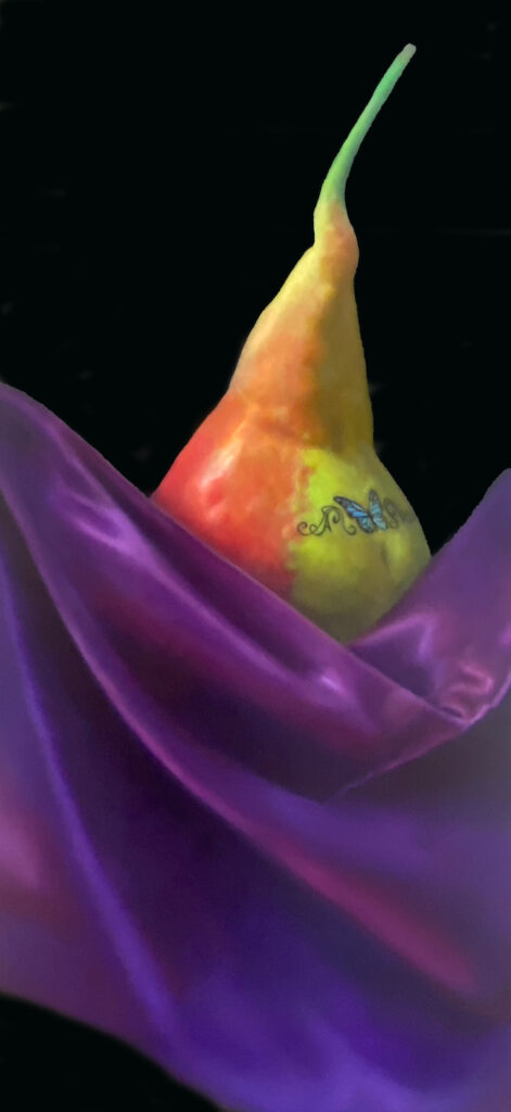 tattooed pear painting in purple satin