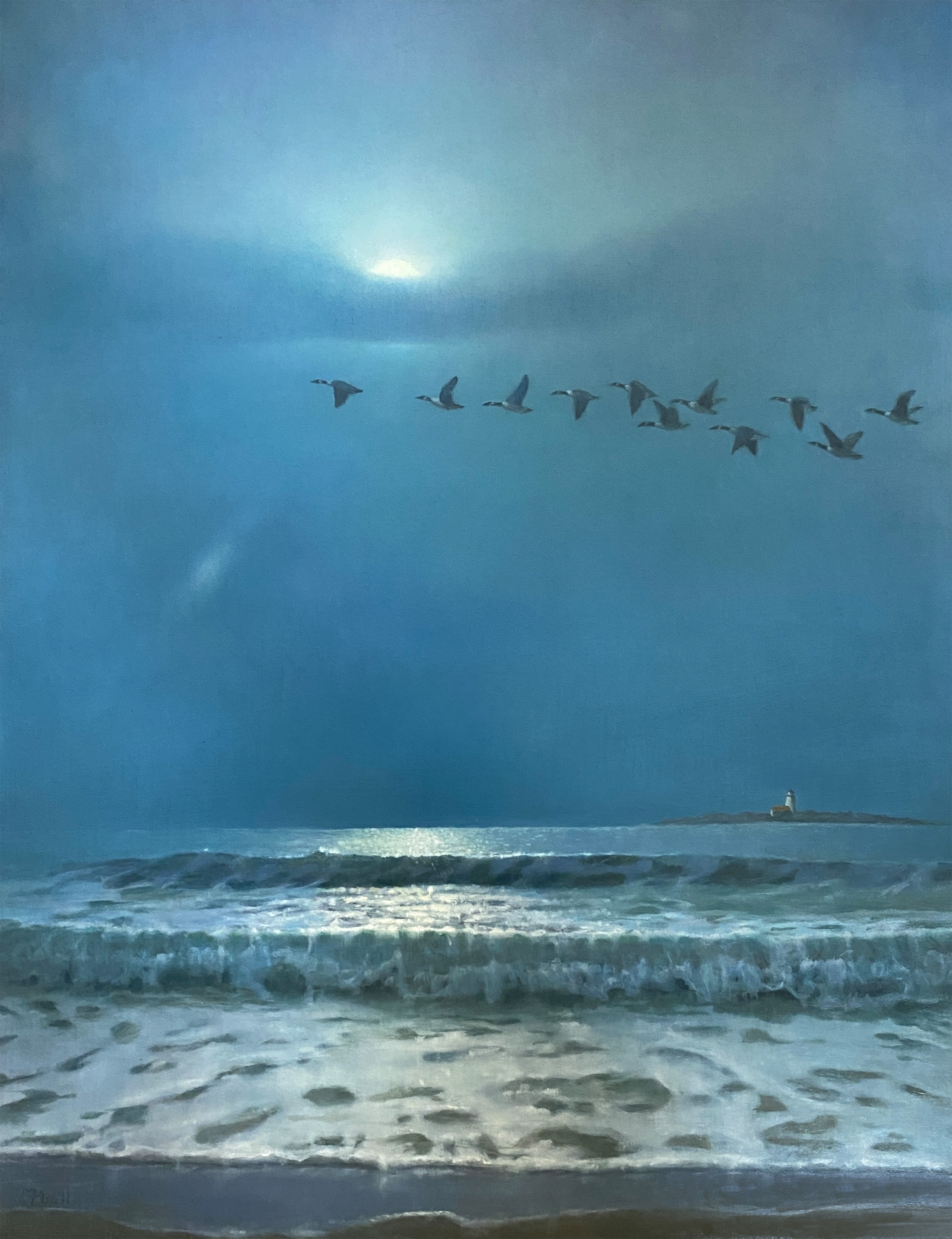 geese flying over the ocean, Painting in Oil